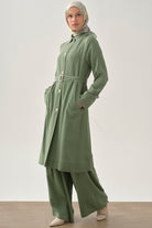 Dikiş Detaylı Uzun Ceket - Göl Yeşili TUGBA