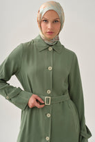 Dikiş Detaylı Uzun Ceket - Göl Yeşili TUGBA