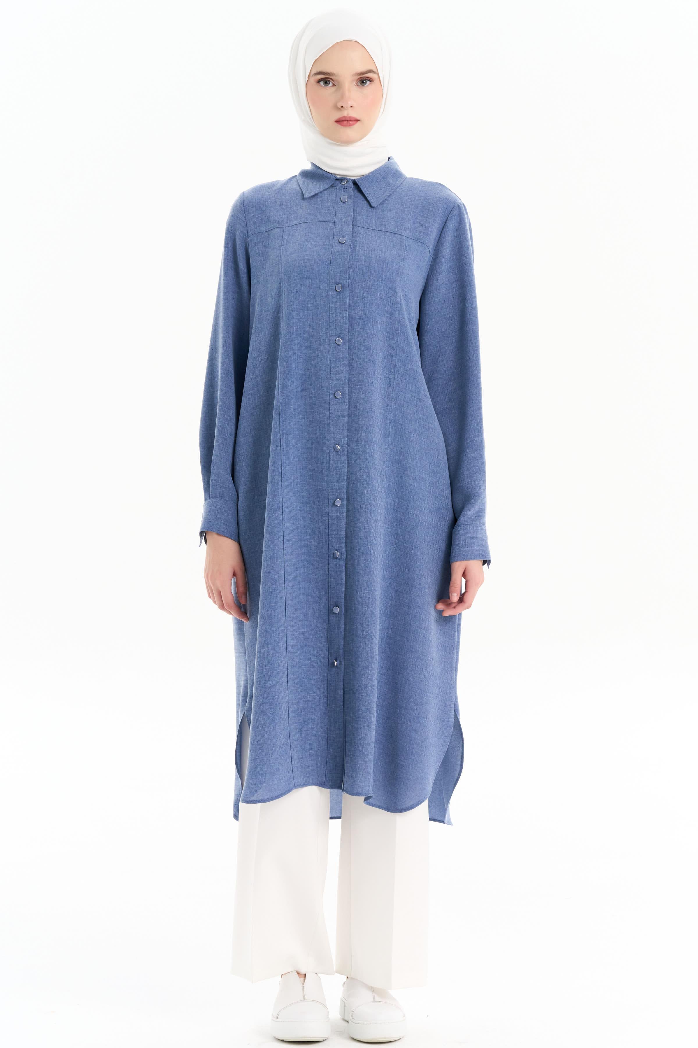 Dikiş Detaylı Yırtmaçlı Tunik - İndigo TUGBA