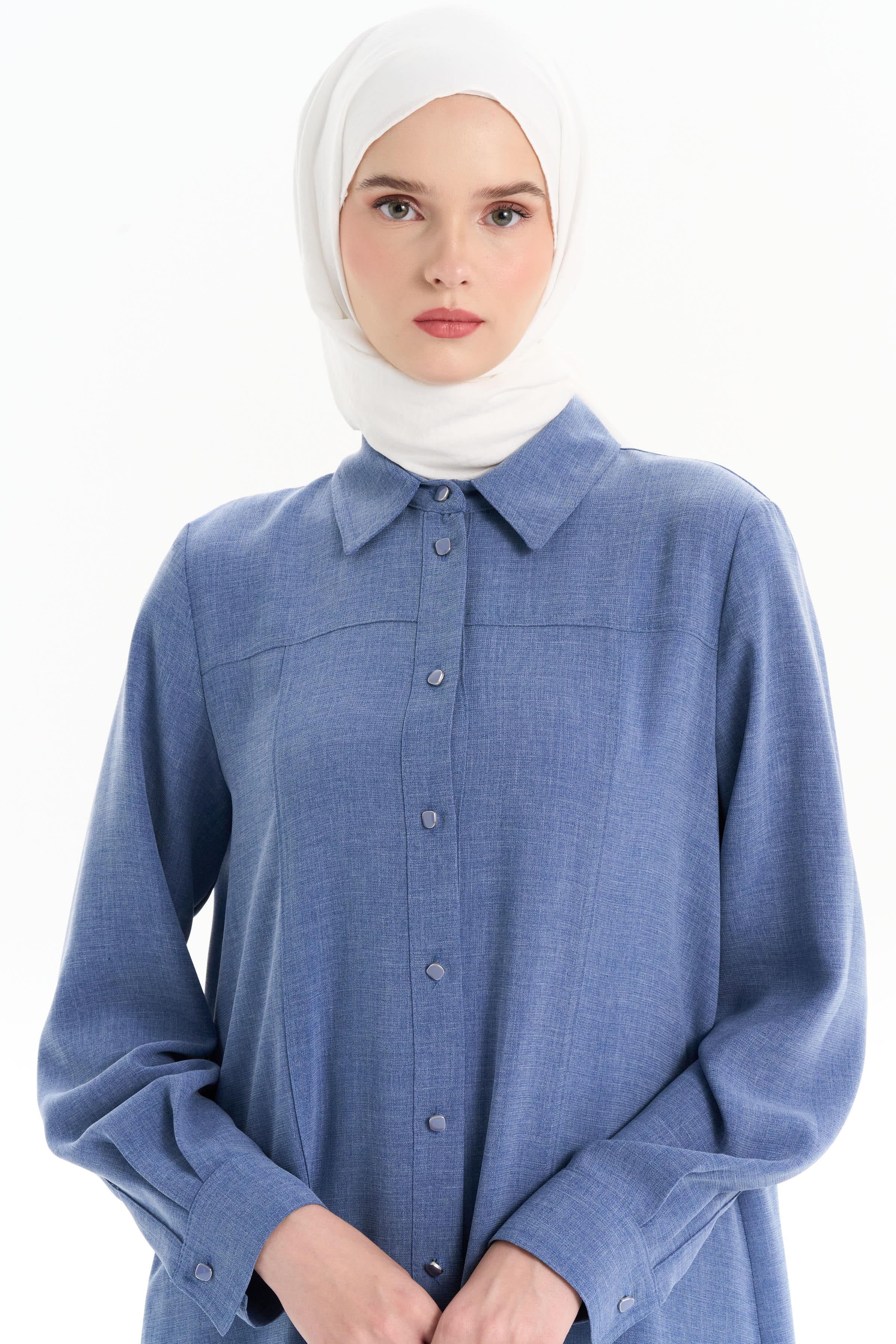 Dikiş Detaylı Yırtmaçlı Tunik - İndigo TUGBA