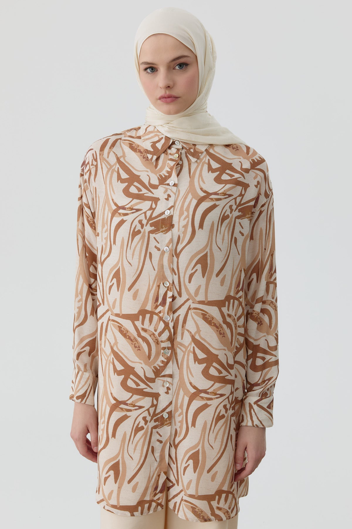 Düşük Kollu Desenli Tunik - Camel TUGBA