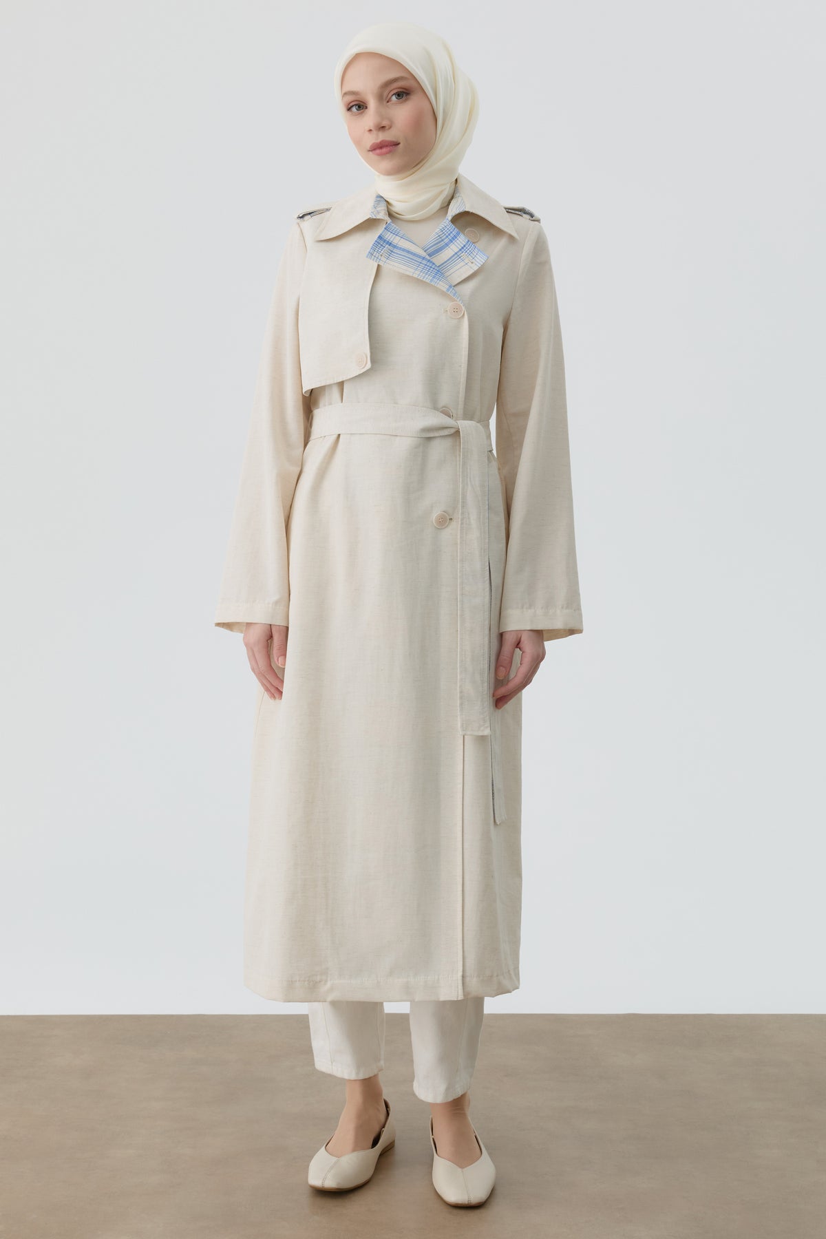 Plaid Combined Belted Trench Coat - Beige - Indigo