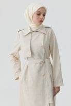 Ekose Kombinli Kemerli Trenç - Bej - İndigo TUGBA