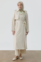 Ekose Kombinli Kemerli Trenç - Bej - Yeşil TUGBA