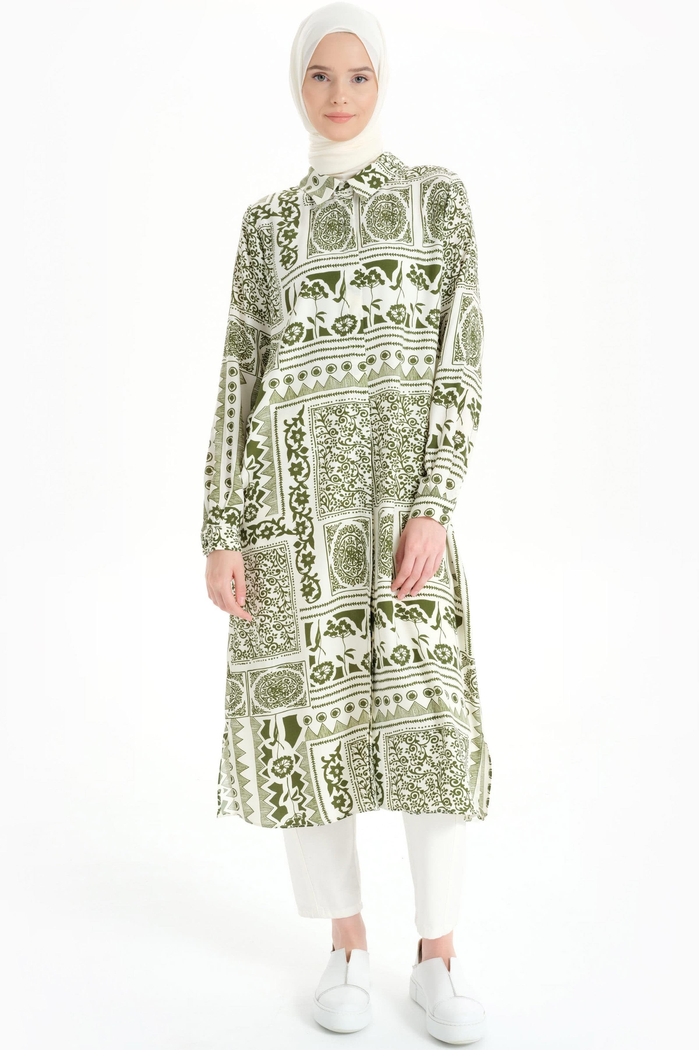 Etnik Desenli Uzun Tunik - Haki TUGBA