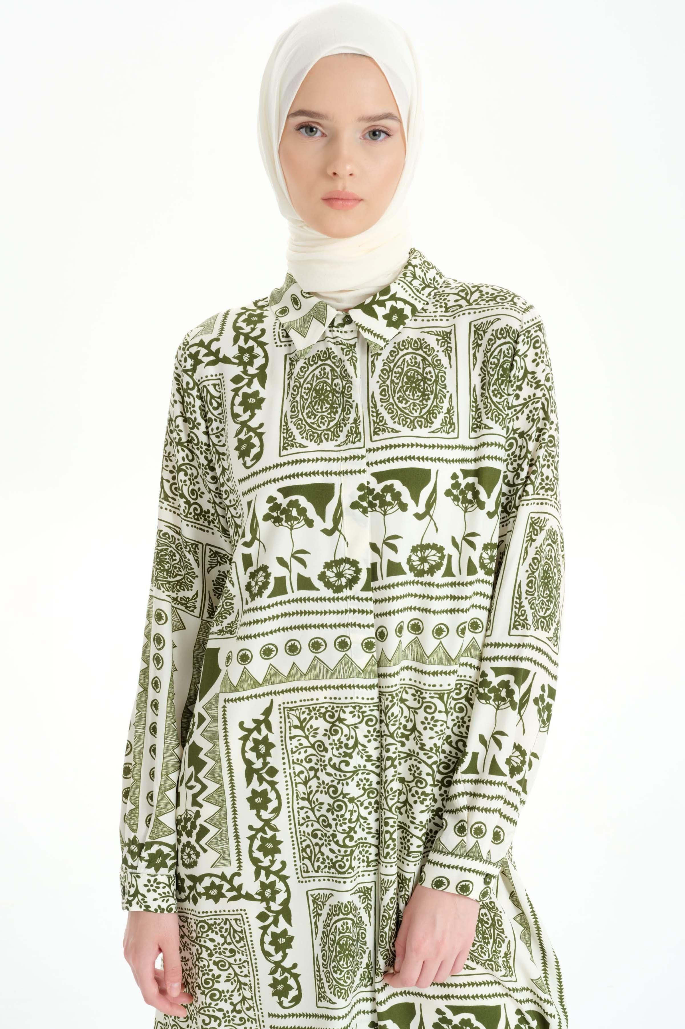 Etnik Desenli Uzun Tunik - Haki TUGBA