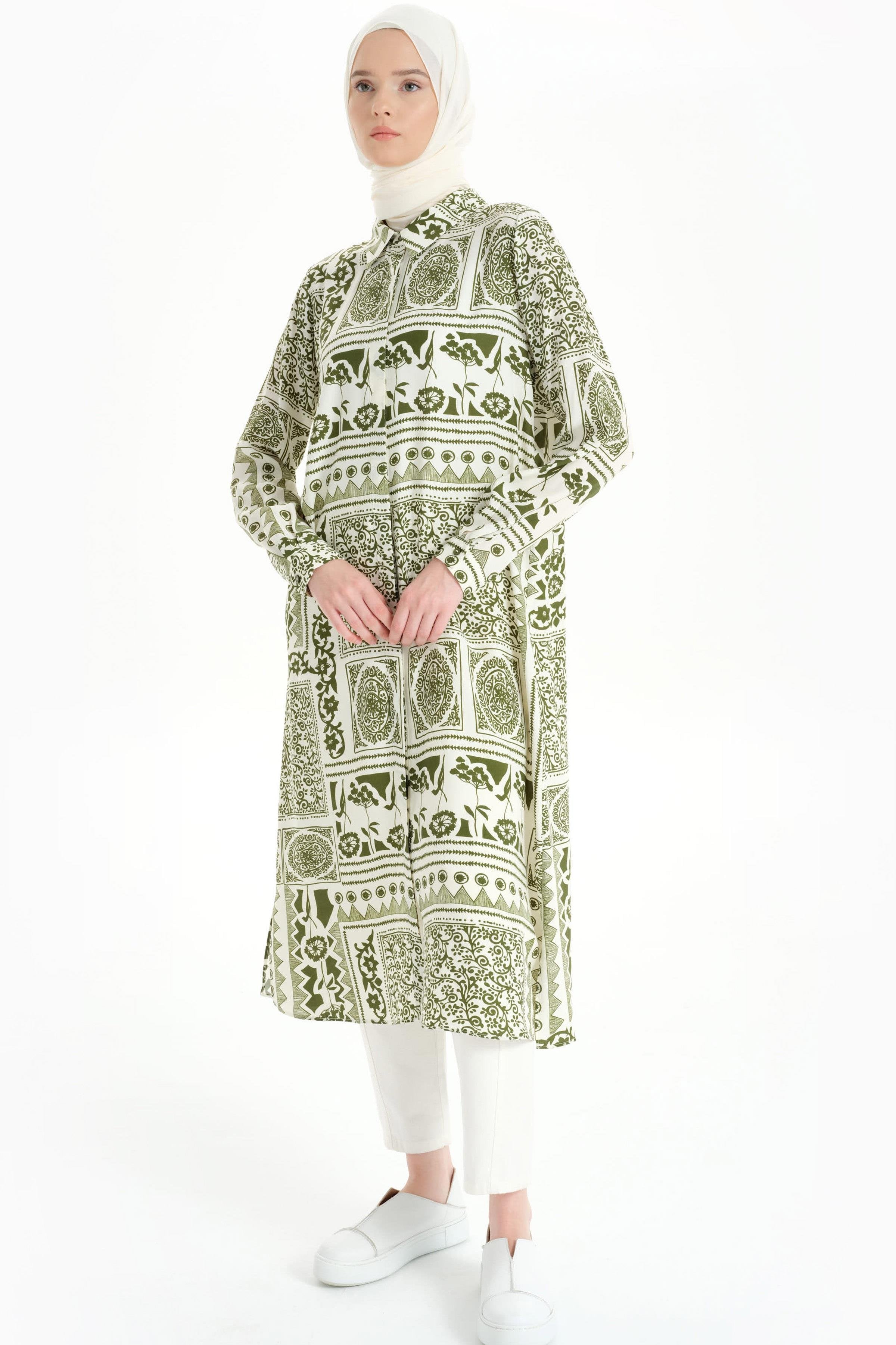 Etnik Desenli Uzun Tunik - Haki TUGBA