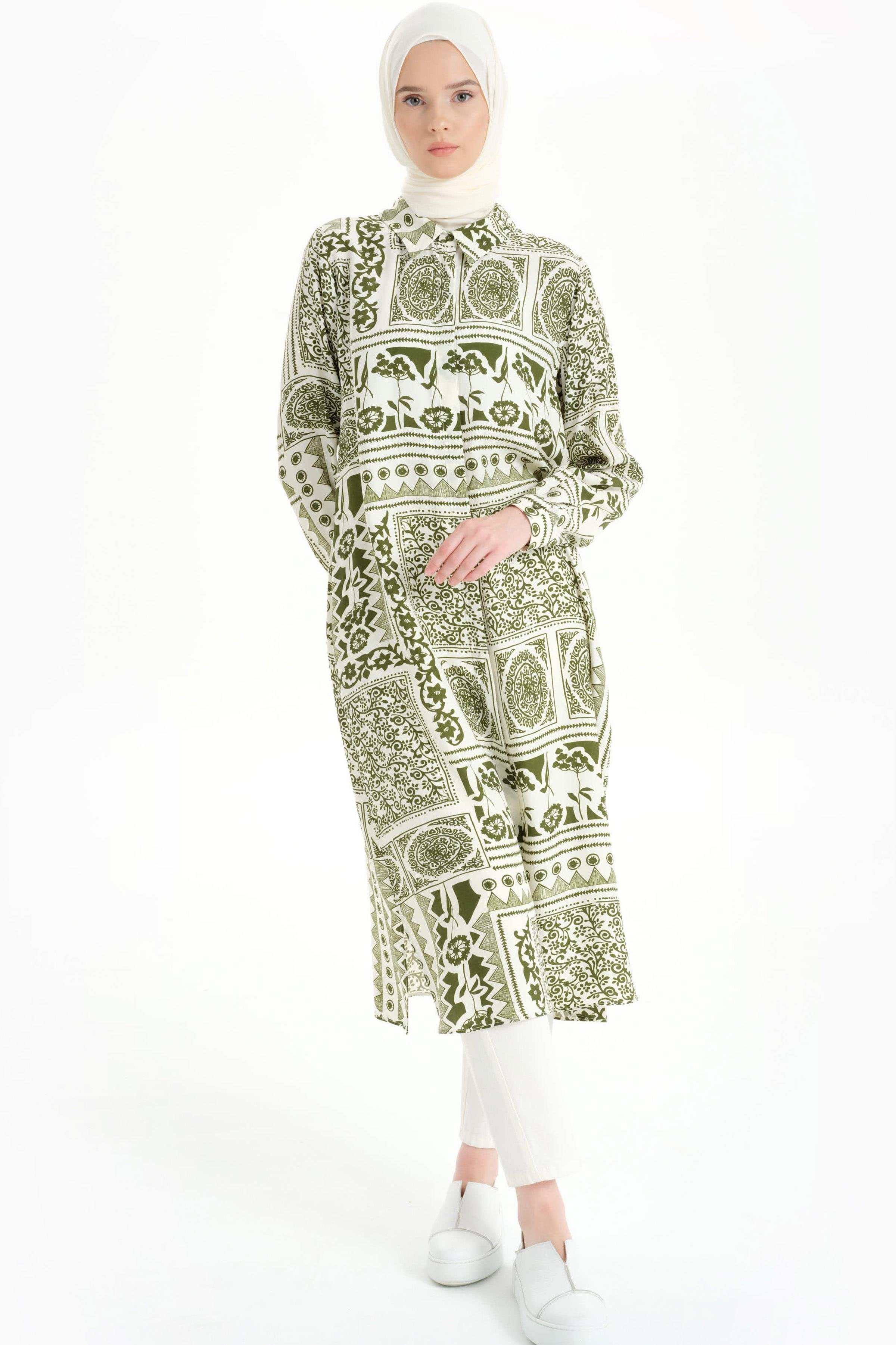 Etnik Desenli Uzun Tunik - Haki TUGBA