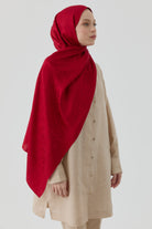 Etnik İkat Desenli Nida Naturel Şal - Kırmızı TUGBA