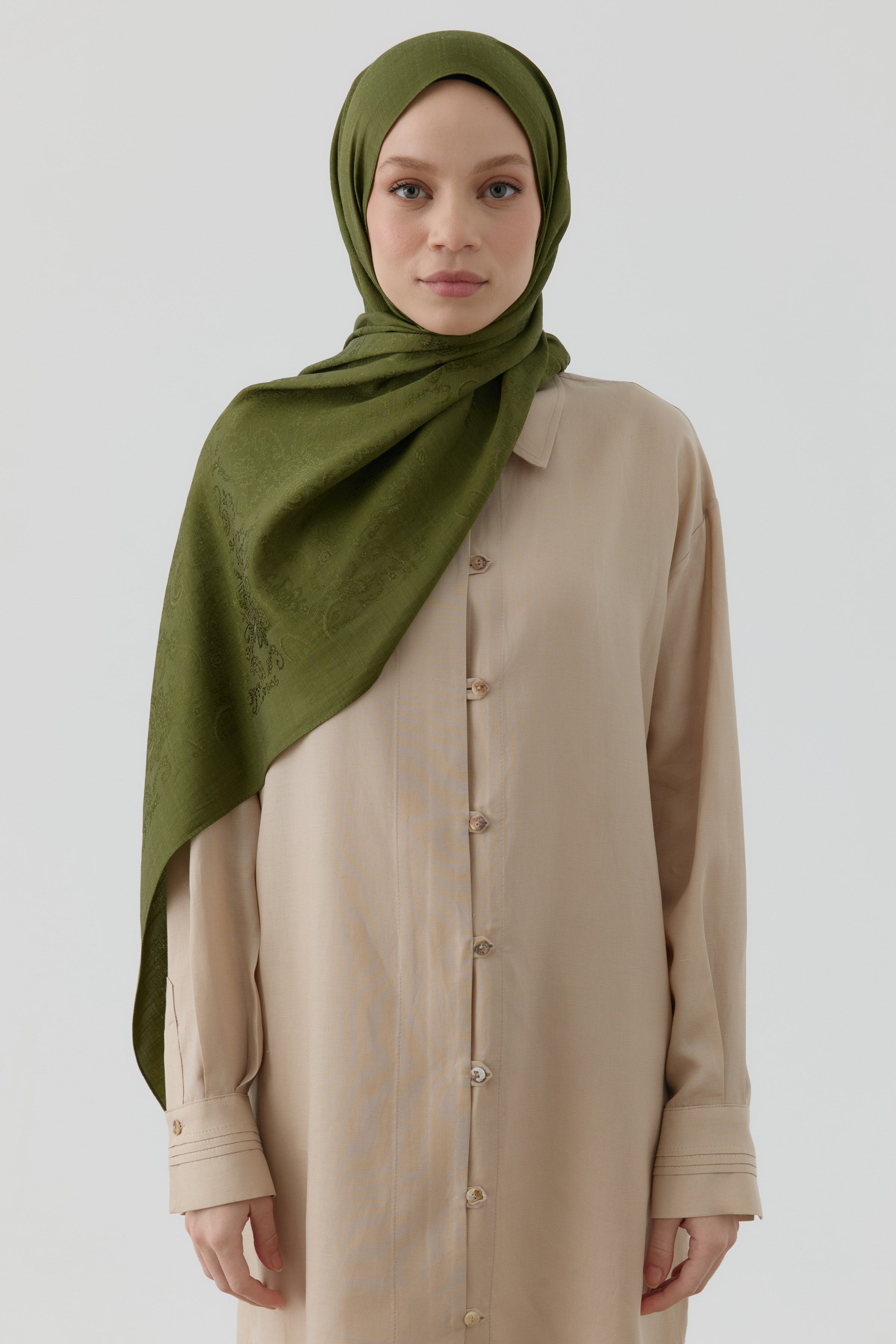 Etnik Şal Desenli Nida Naturel Şal - Haki TUGBA