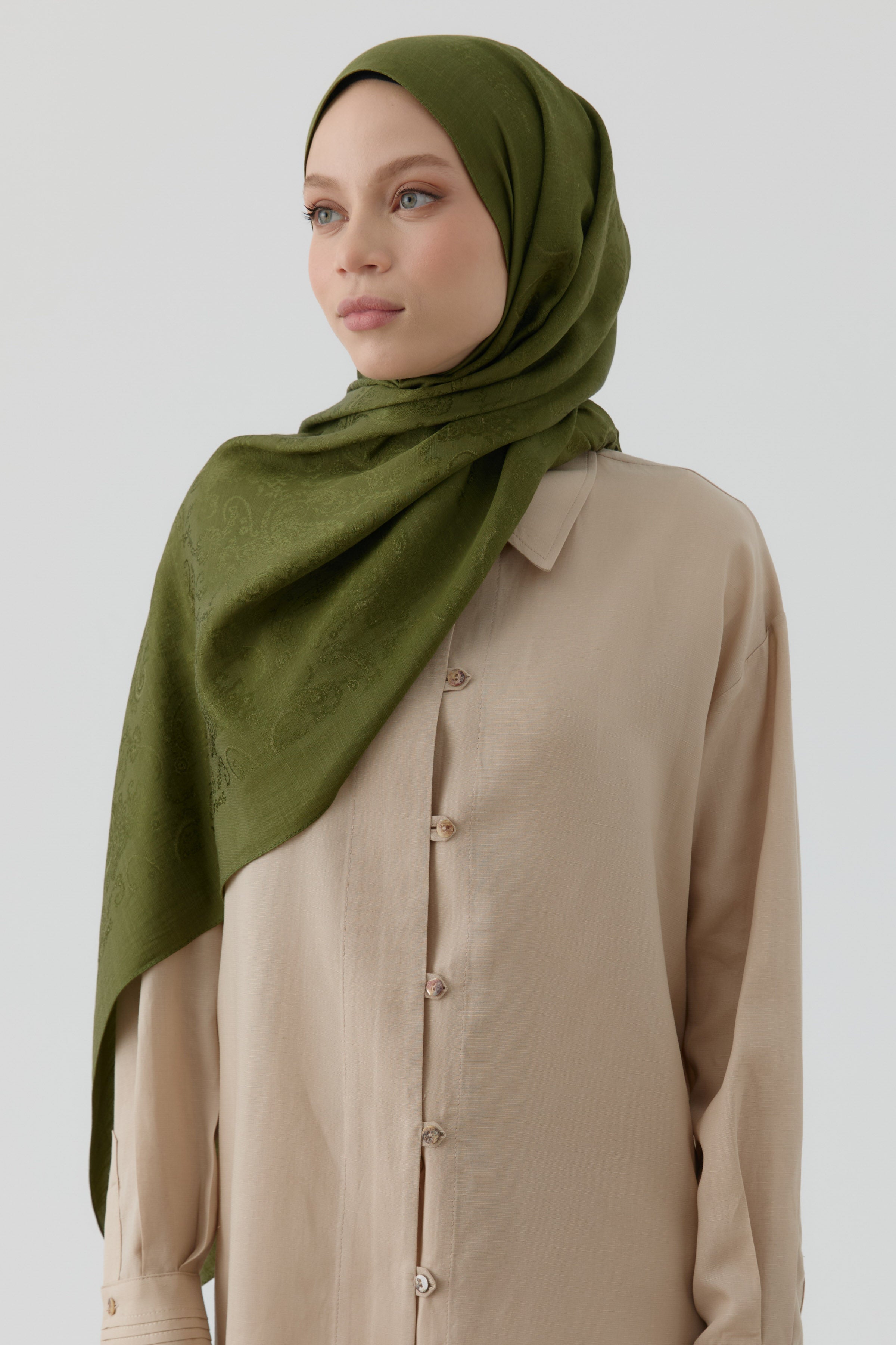 Etnik Şal Desenli Nida Naturel Şal - Haki TUGBA