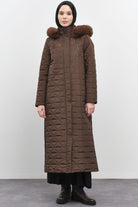 Fermuar Cep Detaylı Kapüşonlu Kapitone Manto - Kahve TUGBA