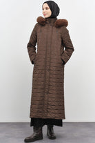 Fermuar Cep Detaylı Kapüşonlu Kapitone Manto - Kahve TUGBA