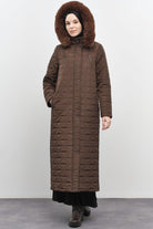 Fermuar Cep Detaylı Kapüşonlu Kapitone Manto - Kahve TUGBA