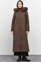 Fermuar Cep Detaylı Kapüşonlu Kapitone Manto - Kahve TUGBA