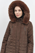 Fermuar Cep Detaylı Kapüşonlu Kapitone Manto - Kahve TUGBA