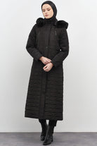 Fermuar Cep Detaylı Kapüşonlu Kapitone Manto - Siyah TUGBA