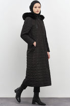 Fermuar Cep Detaylı Kapüşonlu Kapitone Manto - Siyah TUGBA