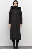 Fermuar Cep Detaylı Kapüşonlu Kapitone Manto - Siyah TUGBA