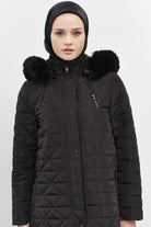 Fermuar Cep Detaylı Kapüşonlu Kapitone Manto - Siyah TUGBA