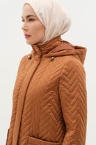 Fermuar Yırtmaçlı Kapitone Kaban - Taba TUGBA