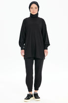 Fermuar Yırtmaçlı Örme Tunik Pantolon Takım - Siyah TUGBA