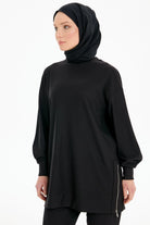 Fermuar Yırtmaçlı Örme Tunik Pantolon Takım - Siyah TUGBA