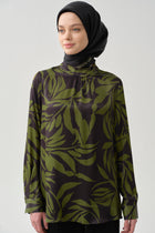 Floral Desen Viskon Bluz - Olive TUGBA