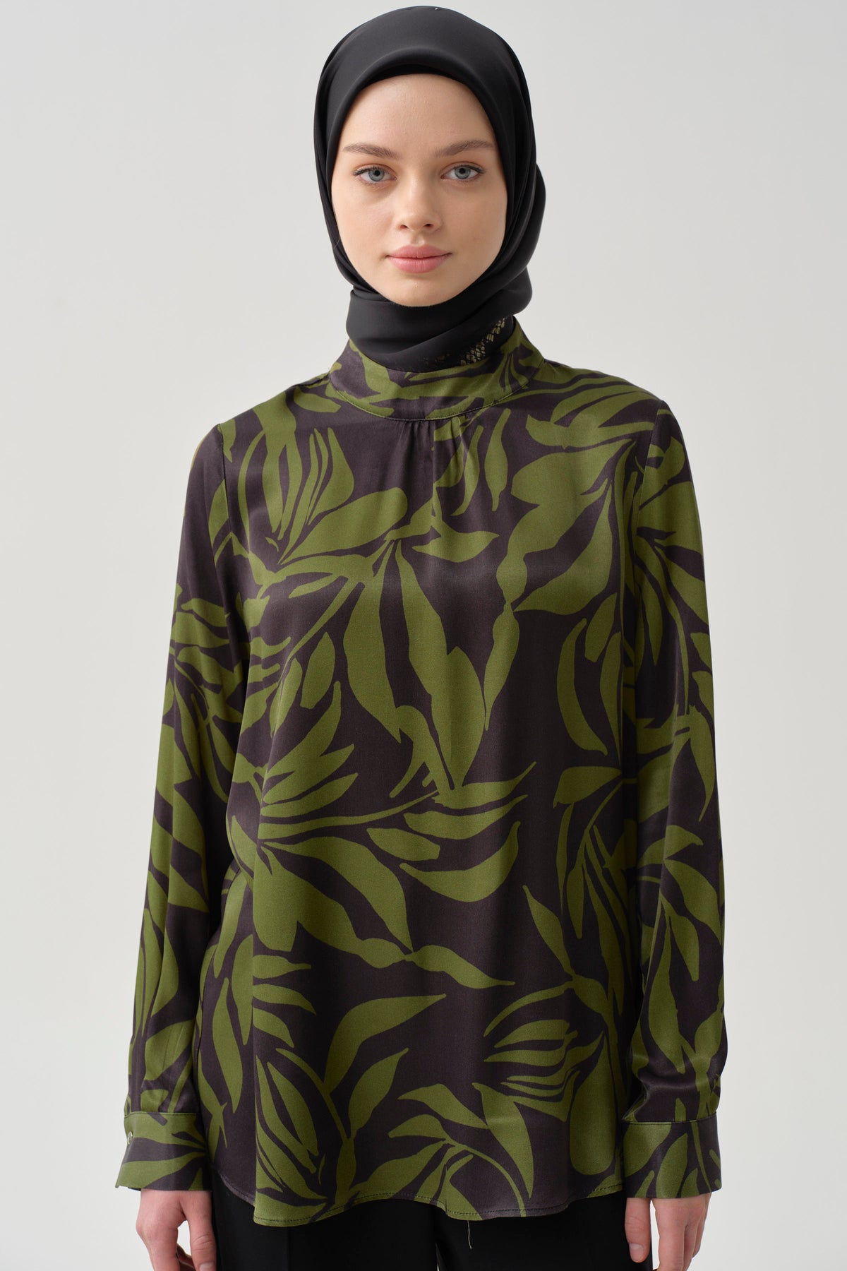 Floral Desen Viskon Bluz - Olive