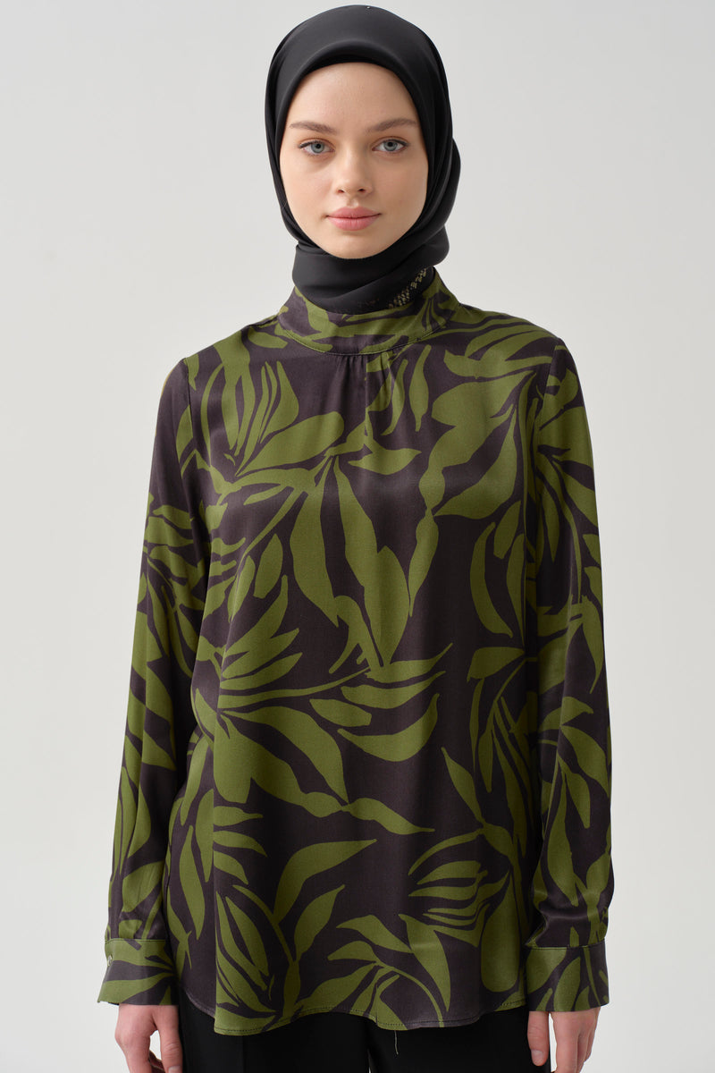 Floral Desen Viskon Bluz - Olive TUGBA