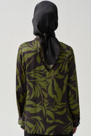 Floral Desen Viskon Bluz - Olive TUGBA