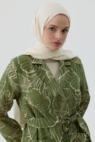 Floral Desenli Keten Trençkot - Yeşil TUGBA