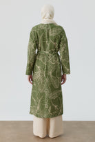 Floral Desenli Keten Trençkot - Yeşil TUGBA