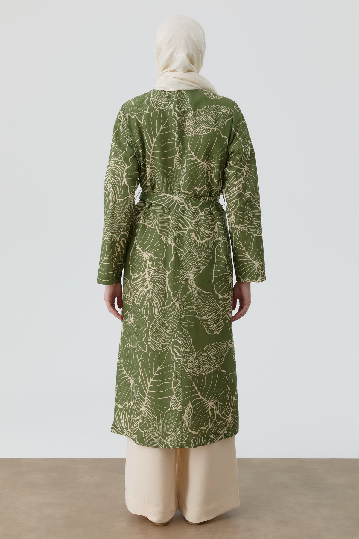 Floral Desenli Keten Trençkot - Yeşil TUGBA