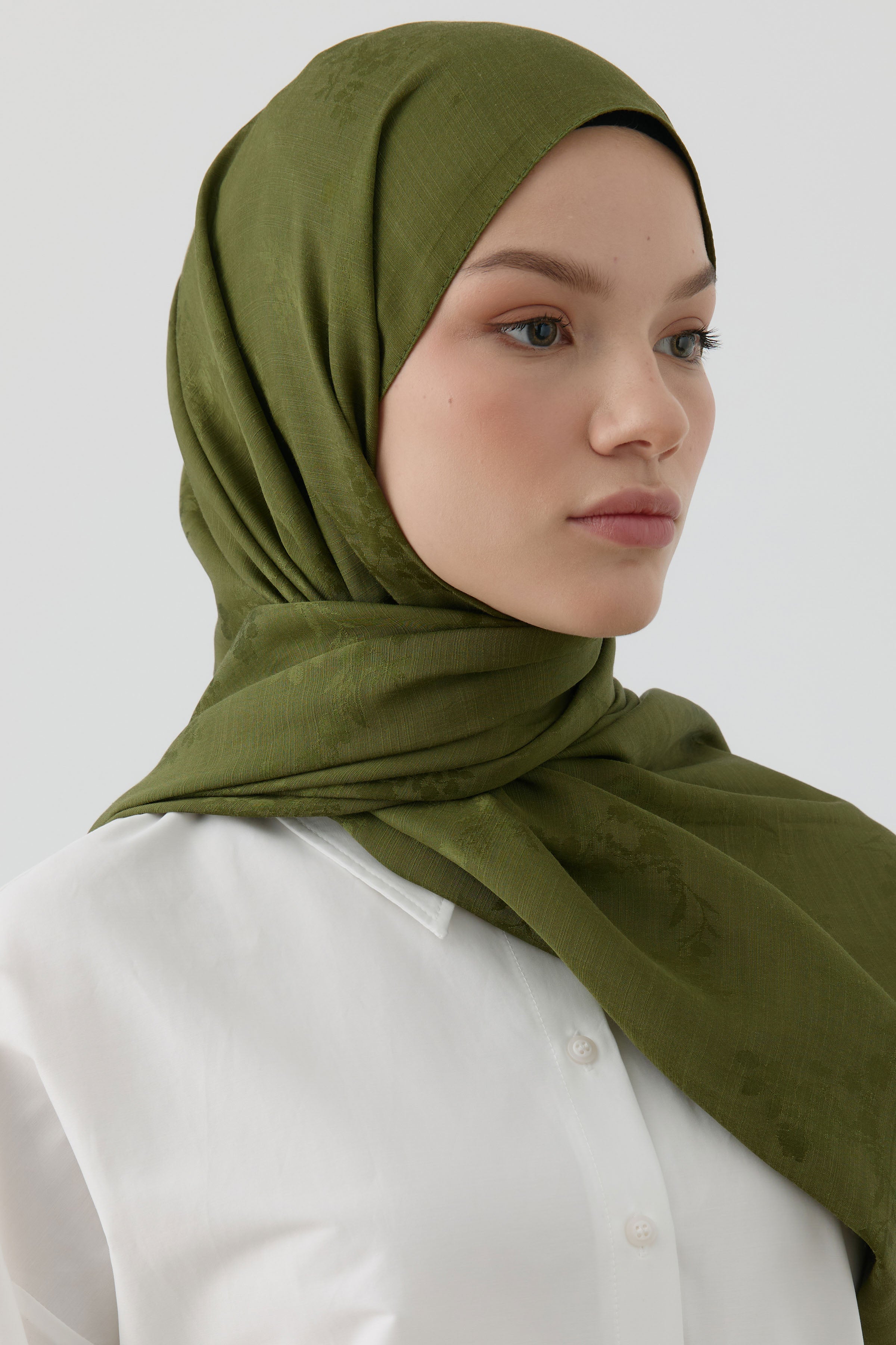 Floral Jakar Naturel Şal - Haki TUGBA