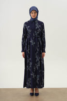 Floral Yaprak Desenli Elbise - Lacivert TUGBA