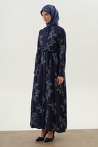 Floral Yaprak Desenli Elbise - Lacivert TUGBA