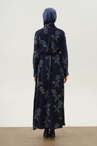 Floral Yaprak Desenli Elbise - Lacivert TUGBA