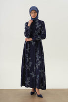 Floral Yaprak Desenli Elbise - Lacivert TUGBA
