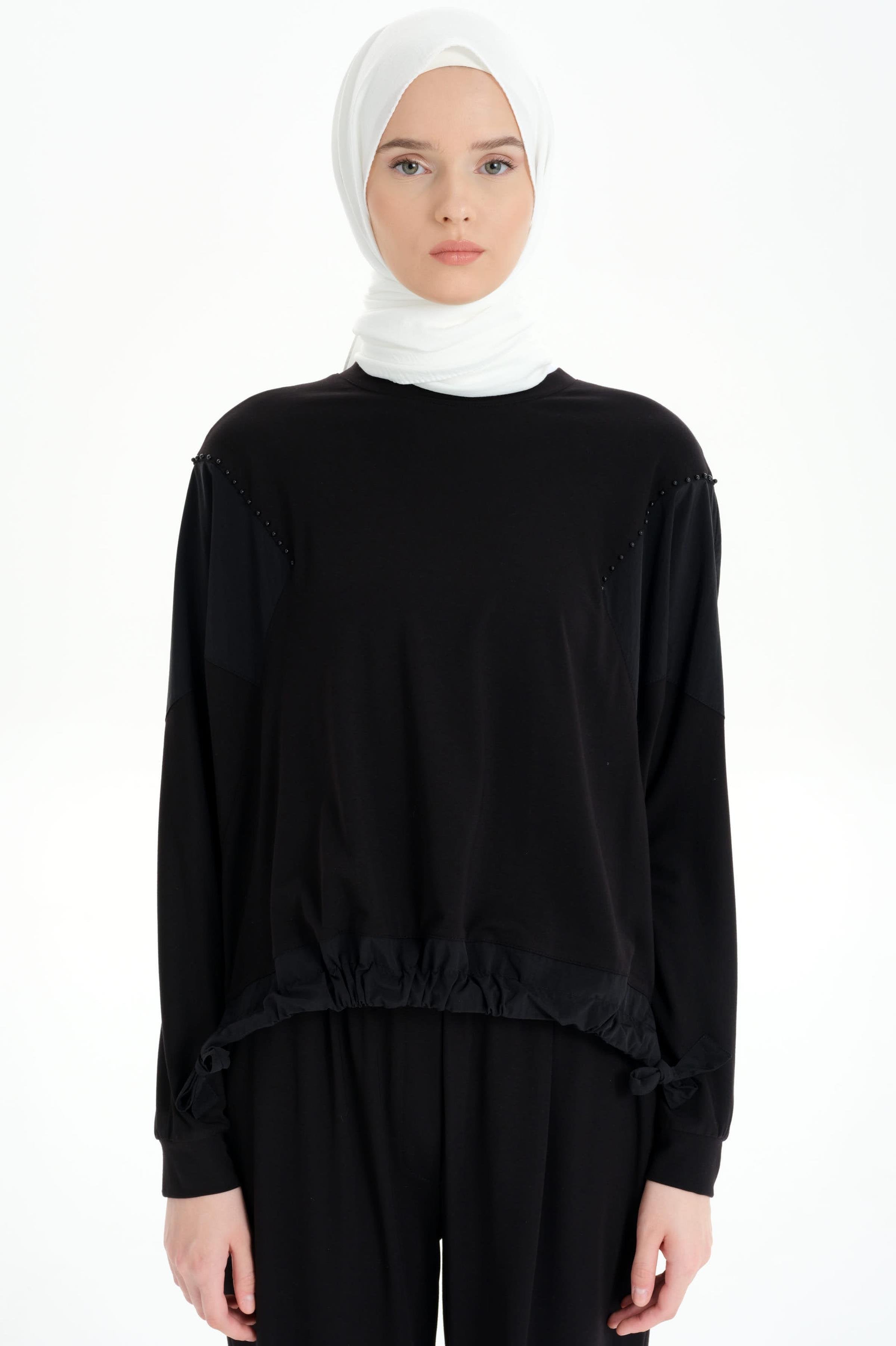 Garnili Asimetrik Sweat - Siyah TUGBA