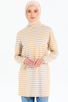 Garnili Çizgili Örme Tunik - Bej - Ekru TUGBA