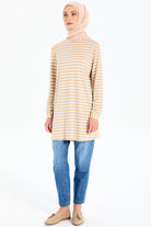 Garnili Çizgili Örme Tunik - Bej - Ekru TUGBA