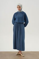 Gizli Cep Anvelop Detaylı Etek - İndigo TUGBA