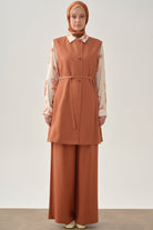 Gizli Cepli Pile Detaylı Pantolon - Kiremit TUGBA