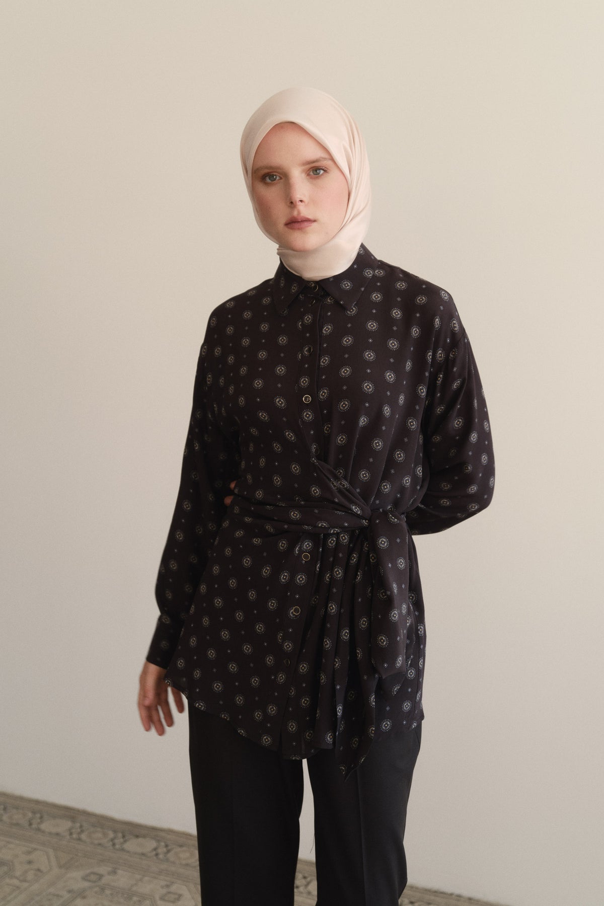 100% Silk Shirt with Sash - Coffee