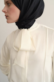 100% Silk Collar Scarf Detail Shirt - Ecru