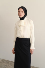 100% Silk Collar Scarf Detail Shirt - Ecru