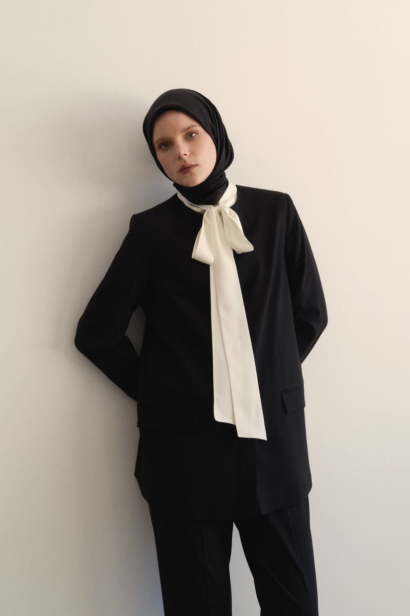 Yün Karışım Beli Kemerli Ceket - Siyah