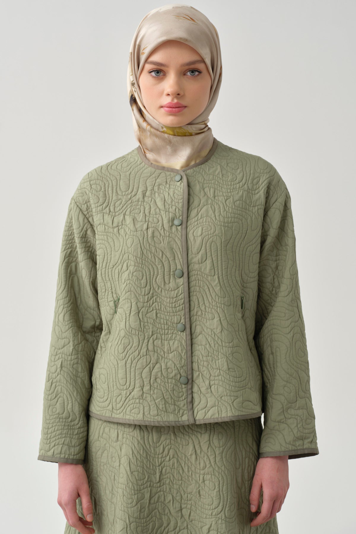 Grogren Biyeli Kapitone Crop Ceket - Mint TUGBA