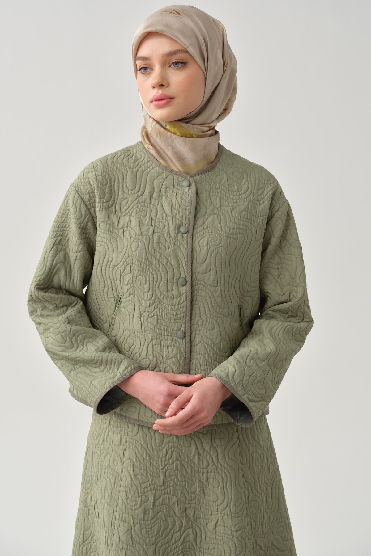 Grogren Biyeli Kapitone Crop Ceket - Mint TUGBA